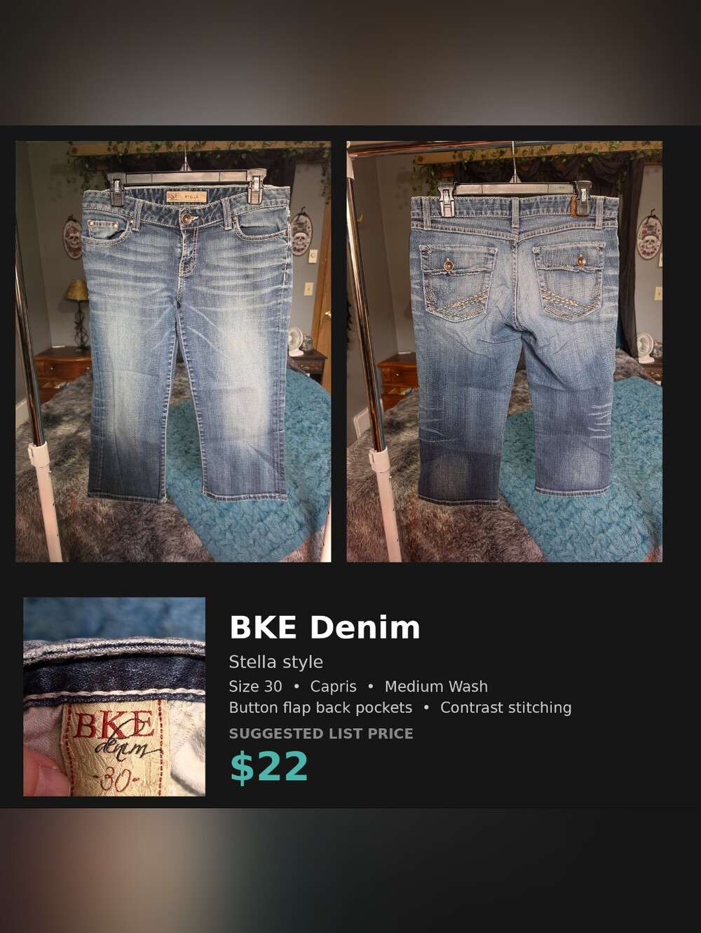BKE Denim Stella Womens 30 Capri Jeans Medium Wash Button Flap Pockets